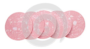 Top view of Sliced boiled ham sausage isolated on white background
