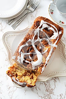 Top view sliced country apple fritter loaf bread cake photo