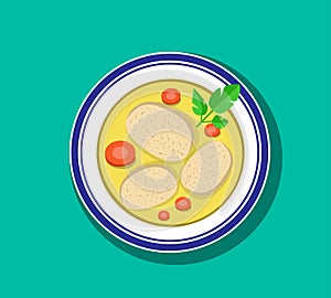 Top view, Sliced gefilte fish soup in bowl, vector