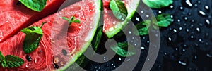 Top view of slices of juicy fresh watermelon served on dark surface, panoramic empty space