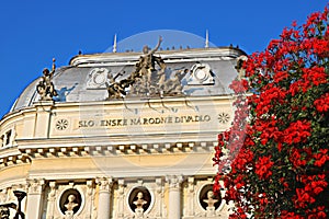 Top view of Slovak National Theatre and red flowers in Bratislava, Slovakia