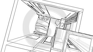 Top view small bedroom interior design sketch