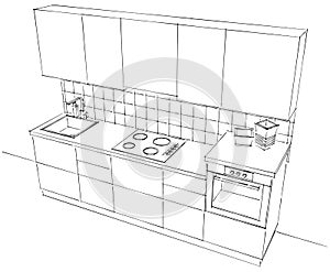 Top view of small modular kitchen black and white