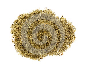 Top view of a small portion of crushed sage leaf isolated on a white background