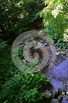 Top view of small water cascade on mountain water spring in summer forest.