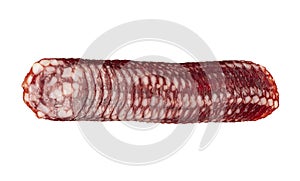 Top view of smoked pork salami chorizo sausages slices isolated on white background with clipping path. Raw smoked salami sausage