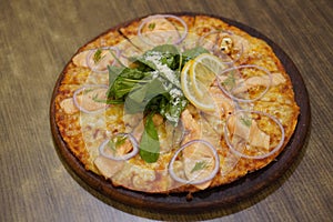 top view smoked salmon cream cheese pizza on wooden tray on wooden table background, food, italian food, nature, vegetable, copy