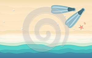 Top view of snorkeling fins in flat icon design on beach background