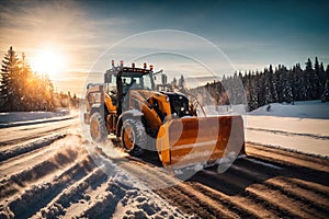 top view snow removal equipment clears the road. ai generative