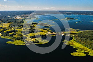 Top view of the Snudy and Strusto lakes in the Braslav lakes National Park, the most beautiful lakes in Belarus.Belarus