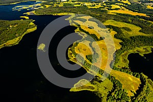 Top view of the Snudy and Strusto lakes in the Braslav lakes National Park, the most beautiful lakes in Belarus.Belarus