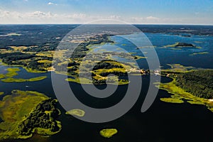 Top view of the Snudy and Strusto lakes in the Braslav lakes National Park, the most beautiful lakes in Belarus.Belarus