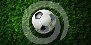 Top View of Soccer Ball on Grass Field. Close up of Soccer Ball on Green Grass Background. Generative AI