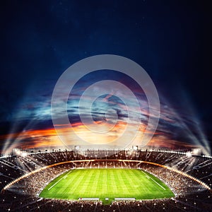 Top view of a soccer stadium at night with the lights on. 3D Rendering