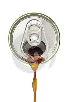 Top view of soda pouring from the aluminum beverage can on white