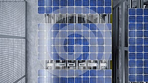 Top view of solar panel assembly line operated by high tech robot arms