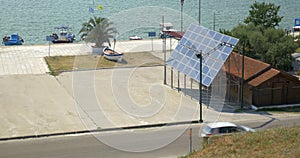 Top view of solar panels dock street sea boat Piraeus, Greece