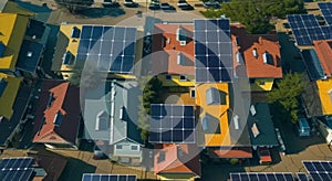 Top view of Solar panels installed on rooftops of urban buildings, basking in sunlight and generating clean electricity