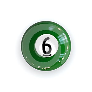 Top View Solid Green Pool Billiard Ball Number Six 6 Isolated on White Background.