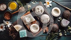 Top view of spa composition with sea salt, natural handmade soap and flowers on wooden background. Spa body care concept