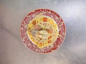 Top view of Spaghetti allo Scoglio (Spaghetti With Mixed Seafood)