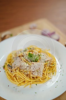 Top view of spaghetti carbonara shallow depth of field lunch dinner meal