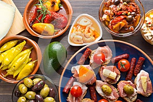 Top view of spanish tapas starters