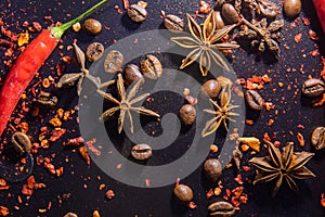 Top View Of Spices, Coffee Beans, Cardamom And  Pepper