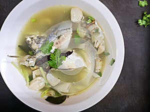 Top view of Spicy Mackerel Soup Tom Yum Pla TuThai traditional local food