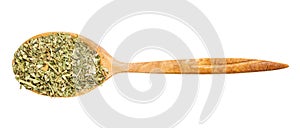 Top view of spoon with ground parsley isolated