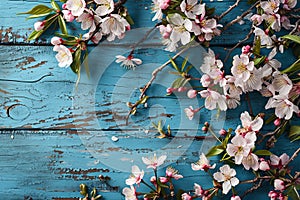 Top view of spring cherry blossom flowers frame or floral border rustic wooden background