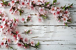 Top view of spring cherry blossom flowers frame or floral border rustic wooden background