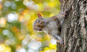Top view of a squirrel climbing up a tree trunk
