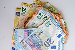 Top view of a stack of euro banknotes