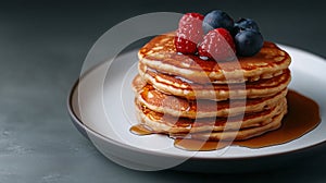 Top view of a stack of fluffy pancakes on white plate, drizzled with maple syrup and topped with fresh berries