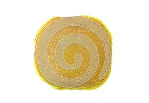 Top view of a stack of plain pancakes on a white background.