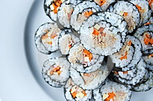 Top view stack of sushi maki gunkan roll plate
