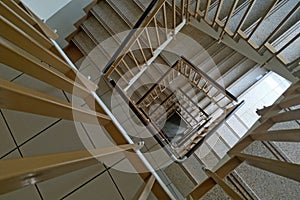 Top view of the stairs in the building. Apartment house.