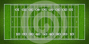 Top view of standard yard size layout empty american football sport field with real green realistic grass and copy space. Team