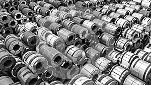 Top view of Steel coils storage in black and white photo