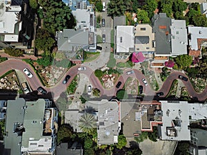 Top view steep hills and sharp curves one-way road Lombard Street, San Francisco