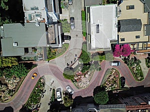 Top view steep hills and sharp curves one-way road Lombard Street, San Francisco