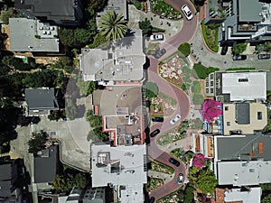 Top view steep hills and sharp curves one-way road Lombard Street, San Francisco