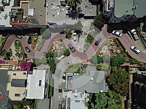 Top view steep hills and sharp curves one-way road Lombard Street, San Francisco