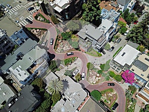 Top view steep hills and sharp curves one-way road Lombard Street, San Francisco