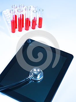 Top of view of stethoscope on digital tablet pc