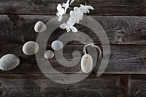 Top view still life for mineral bodycare spa, wood background