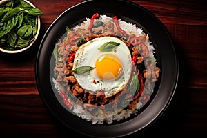 Top view Stir fried minced pork, chili and Thai basil leaves spicy with fried eggs on topped rice, Local food street Generative AI