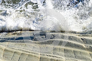 Top view of Stormy mediterranean sea waves with splash