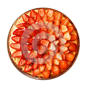 Top view of strawberry tart isolated on white